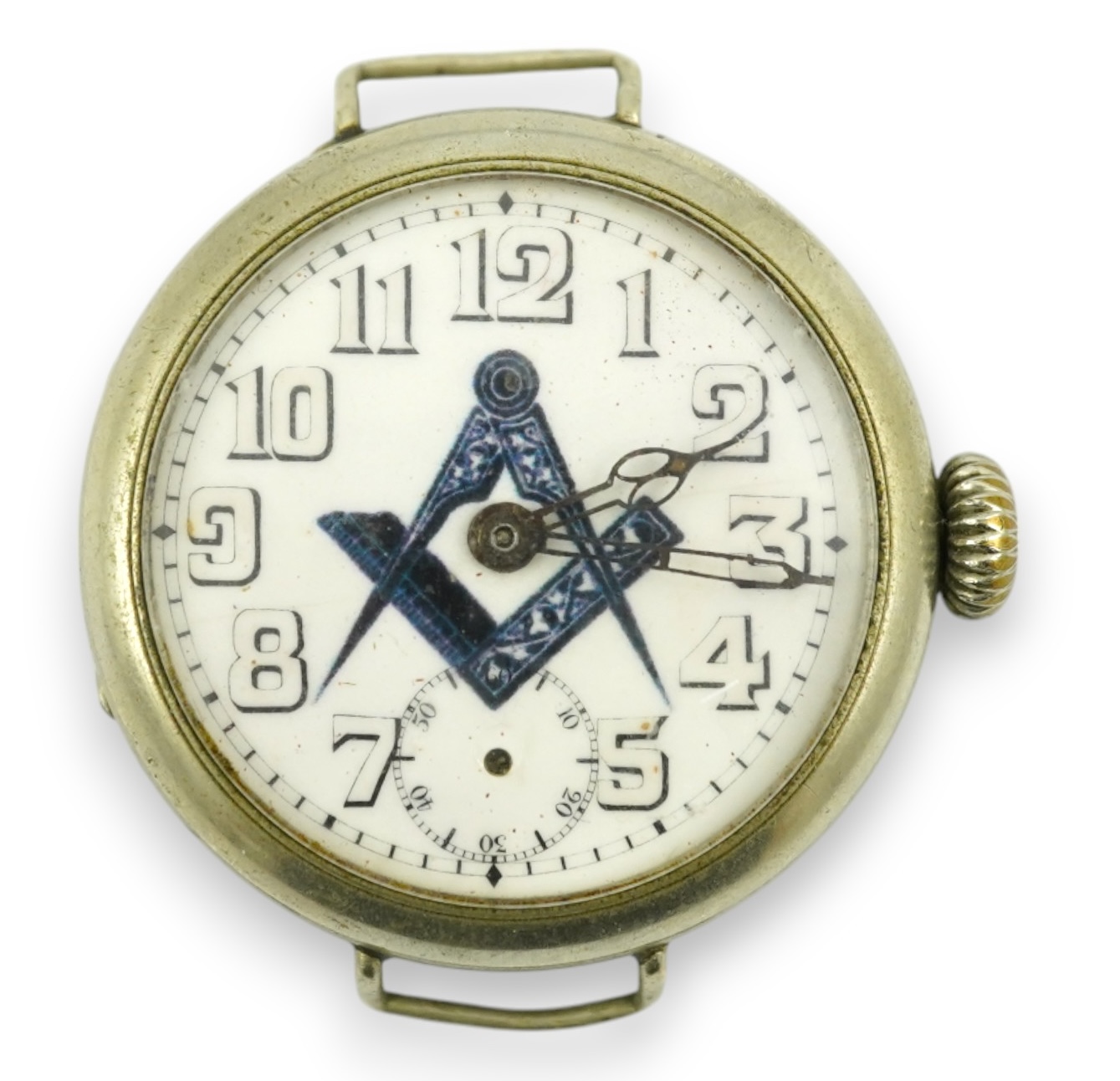 A nickel cased masonic manual wind wrist watch, with subsidiary seconds(no hand), case diameter 37mm. No strap. Condition - poor